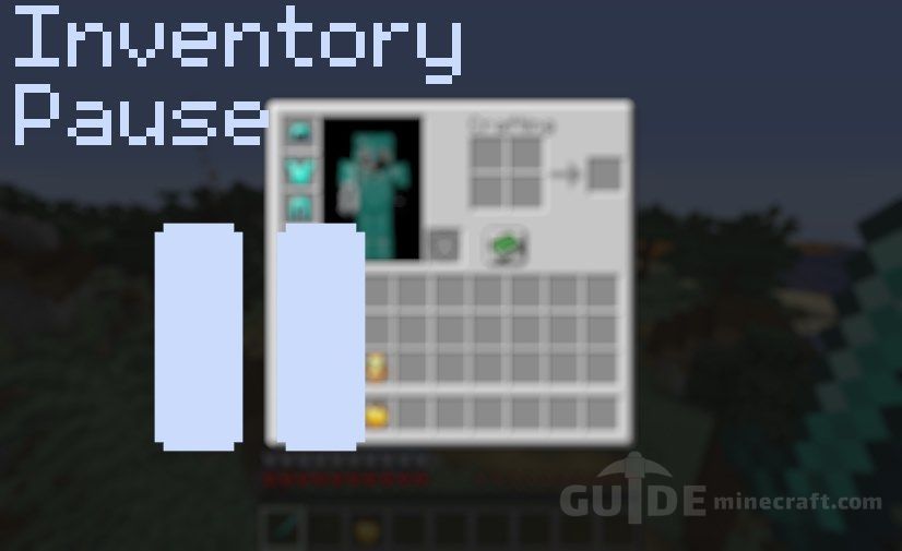 Player inventory screen behind a large pause symbol and the words Inventory Pause